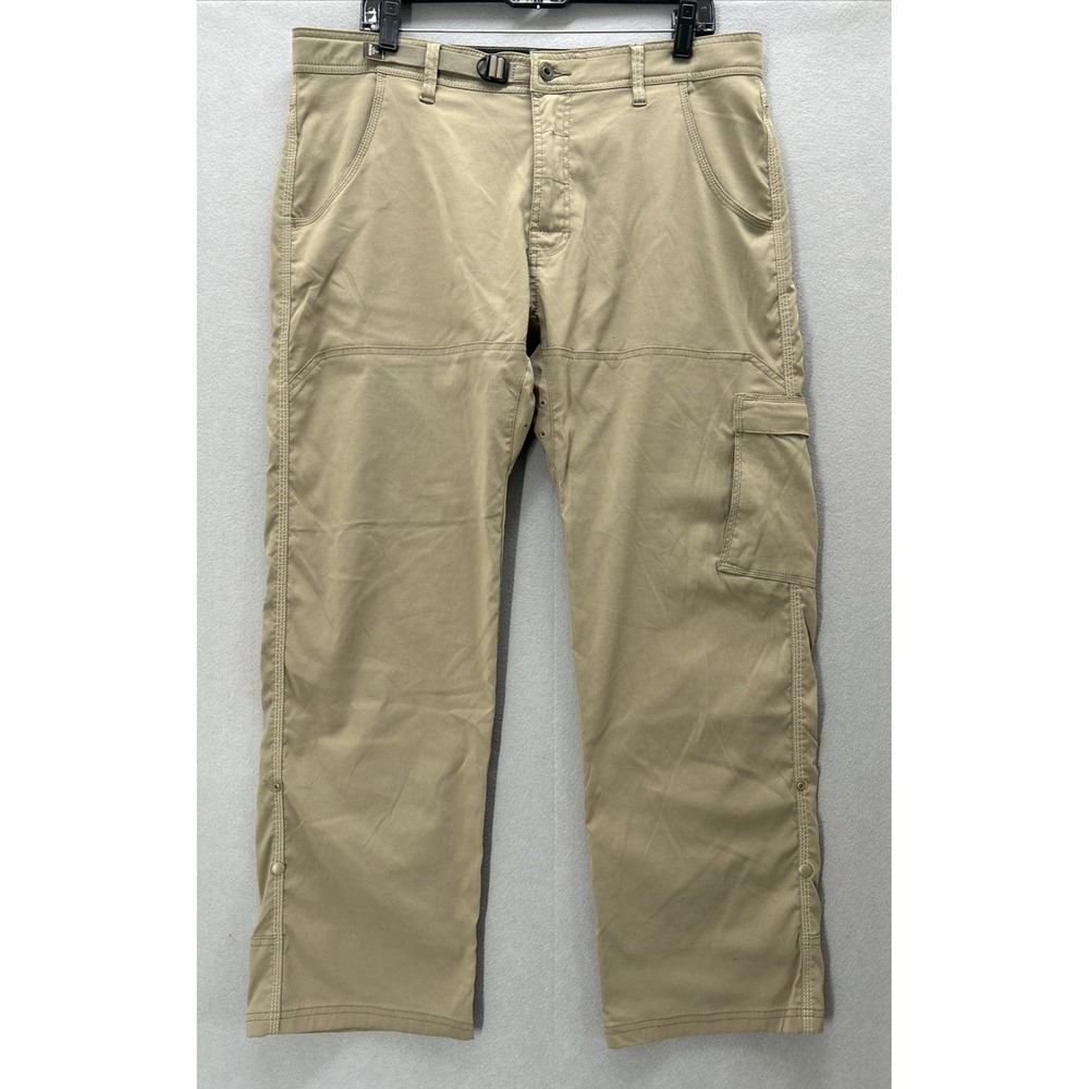 Prana Zion Pants Men 36x30 Brown Khaki Roll Up Hiking Belted Stretch Straight